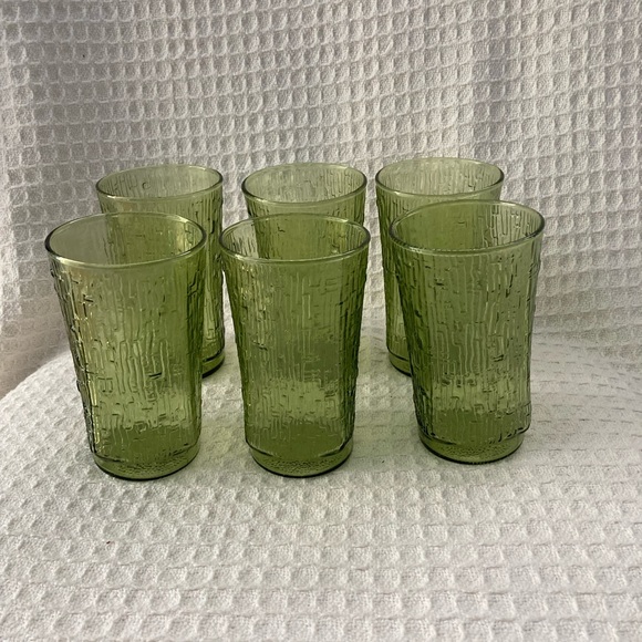 Vintage Anchor Hocking Avocado Green Pagoda Bamboo Pattern Glasses Set Of 6 12oz